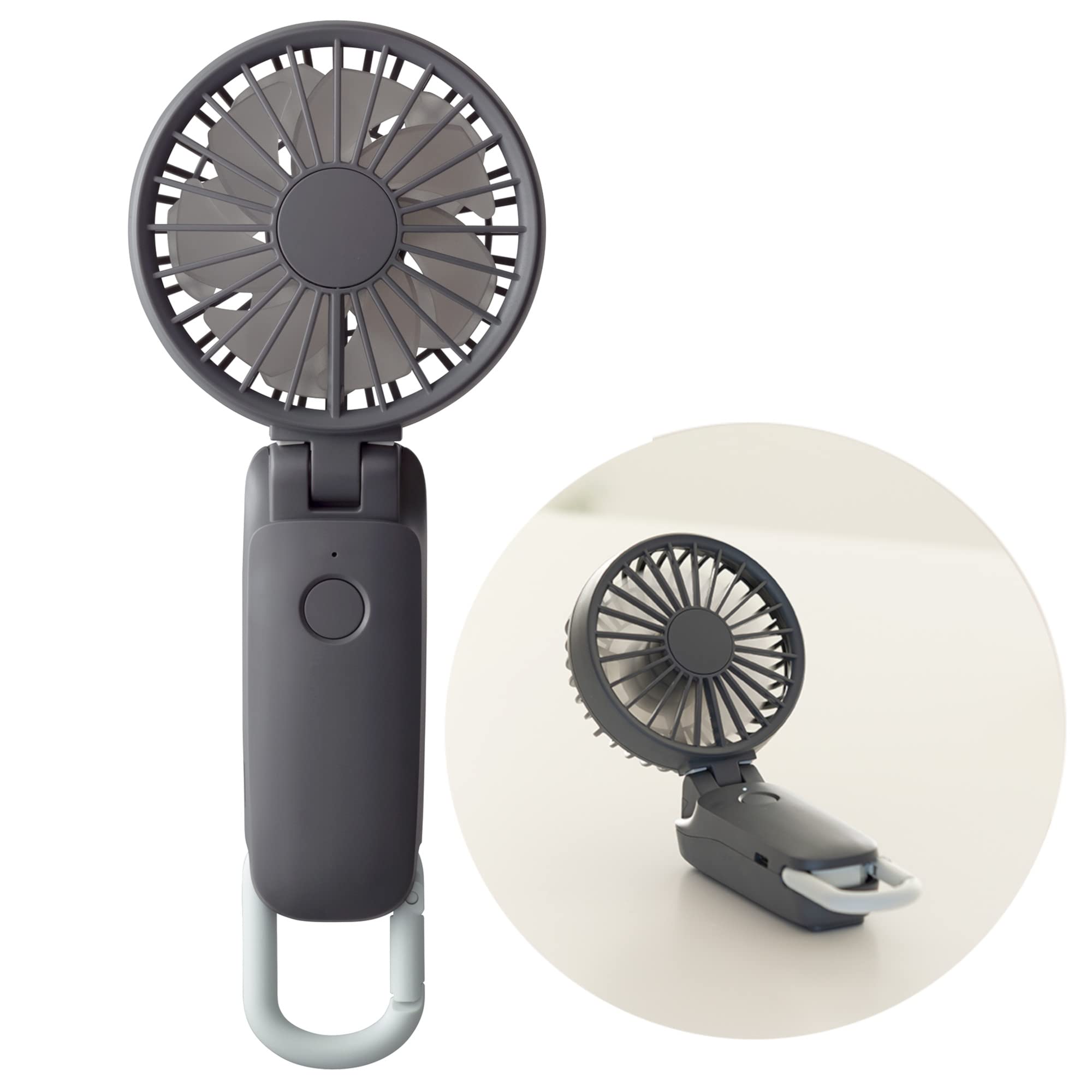 

RHYTHM Handy Fan 2024 Silent Neck Hanging Tabletop USB Rechargeable Powerful Weak but Cool Double Rotating Fan DC Motor with Carabiner and Strap Small
