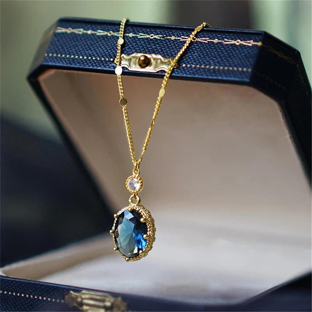 Luxury Female Crystal White Blue Zircon Stone Oval Pendant Necklace Vintage Gold Color Wedding Jewelry For Women