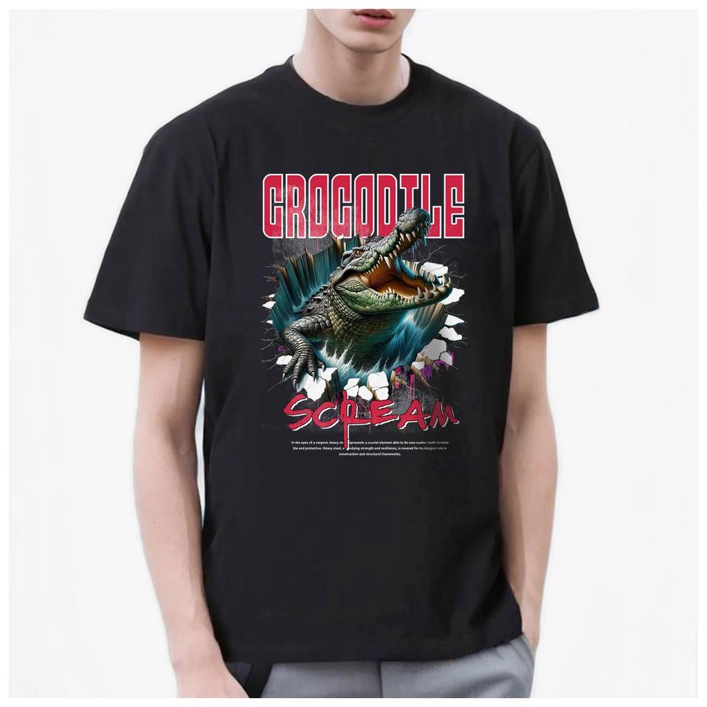 Crocodile Alligator ART Cool Funny Cartoon Printed Men's T Shirt Women Fashion 100% Cotton Summer Casual Breathable Couple Tops