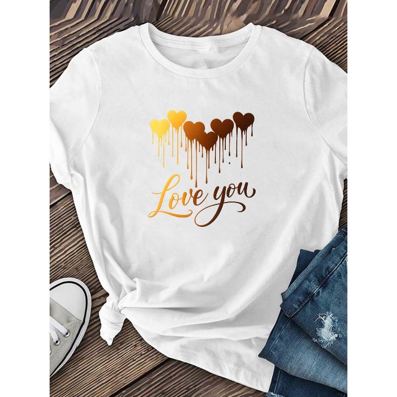 European Size Women's "Love You" Heart Patterned Short-sleeved Shirt, Fashionable Outfit Piece, Daily Home Wear Clothing