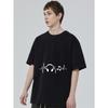 Black T Shirt with Headphones and Music Note Ecg Pattern for Casual Wear