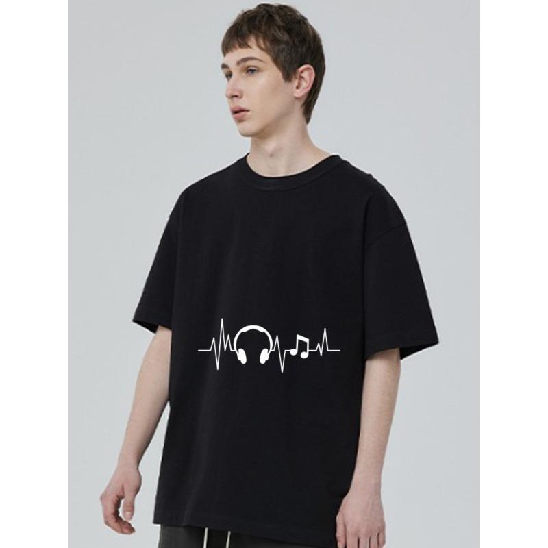 Black T Shirt with Headphones and Music Note Ecg Pattern for Casual Wear