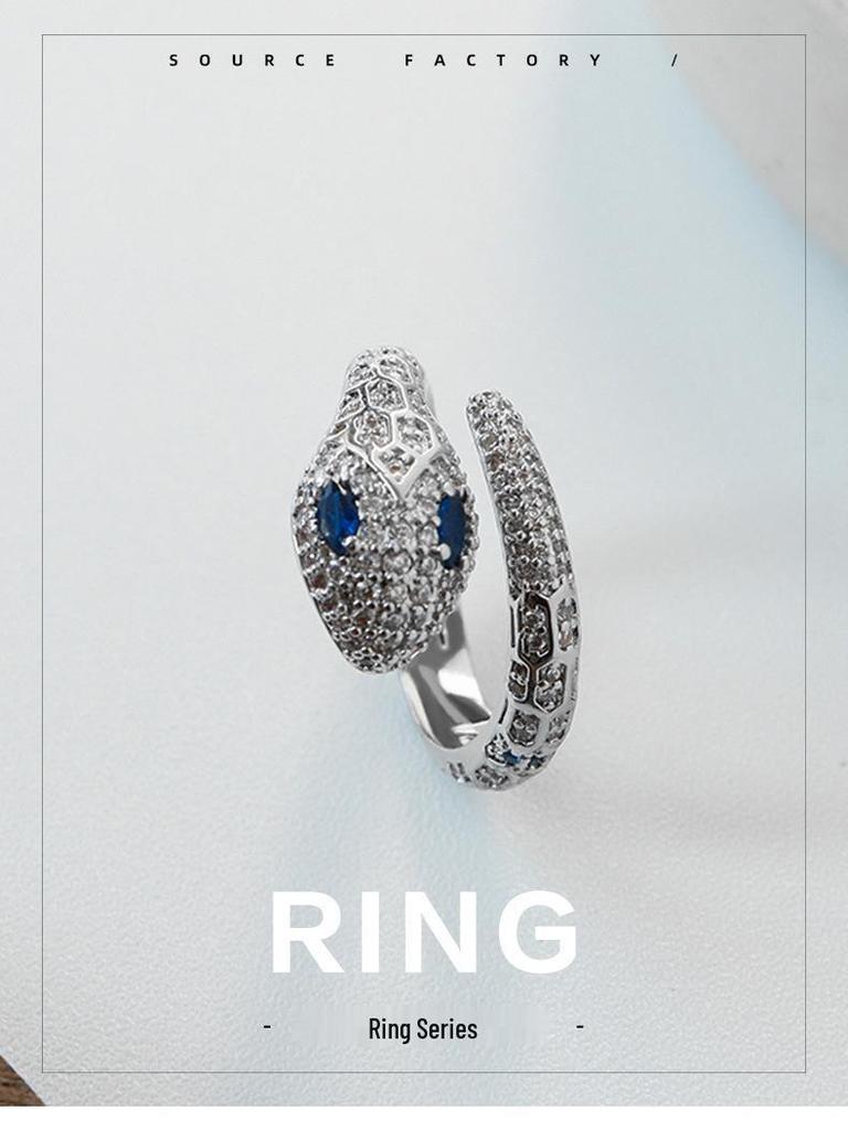 European-American Fashion Zircon Snake Ring: High-End, Versatile, Open Design for Women