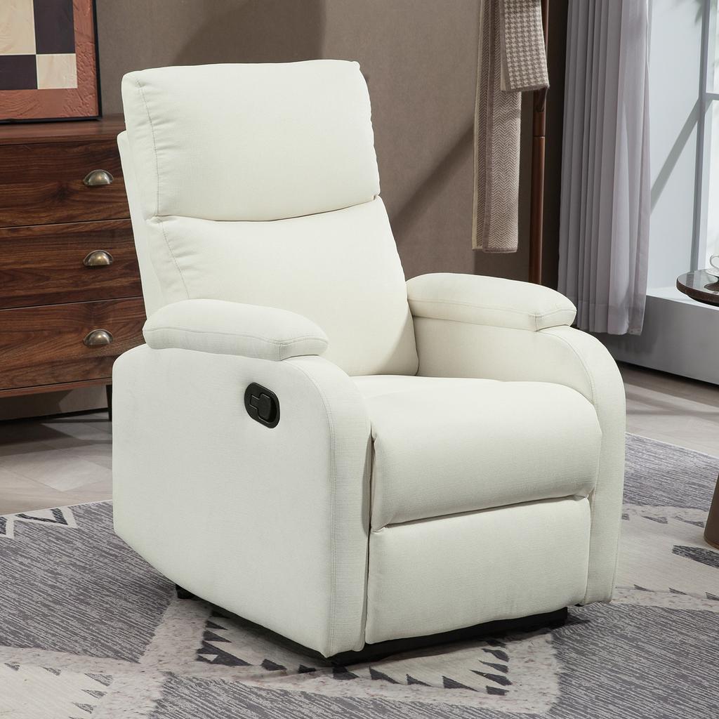 Manually Reclining Chair 60 Degree Extra Padded Fabric With Footrest Cream