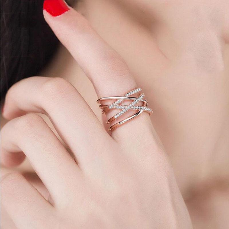 ANENJERY Verflechtung Der Liebe Mosaik Zirkon Mehrschichtige Linie Kreuz Ringe Für Frauen Trendy Verstellbarer Ring S-R243