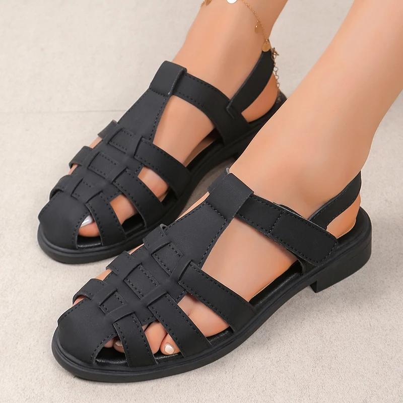 Fashion Fashion Closed Toe Rome Sandals Women 2025 Ankle Buckle Low Heel Beach Sandals Woman Cross Straps Non Slip Summer Sandles Female