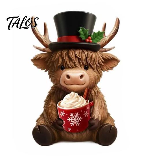 Unique Holiday Home Soft Furnishings 2Pcs Christmas Highland Cow Figurines, Resin Santa Reindeer Cow, with Hat, Detailed Animal Craft Hot Cocoa, Decor