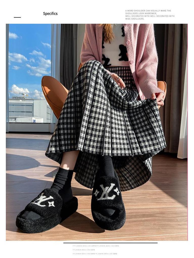Women's High-Waisted Plaid Pleated Wool Midi Skirt - Fashionable, Slimming, A-Line Design