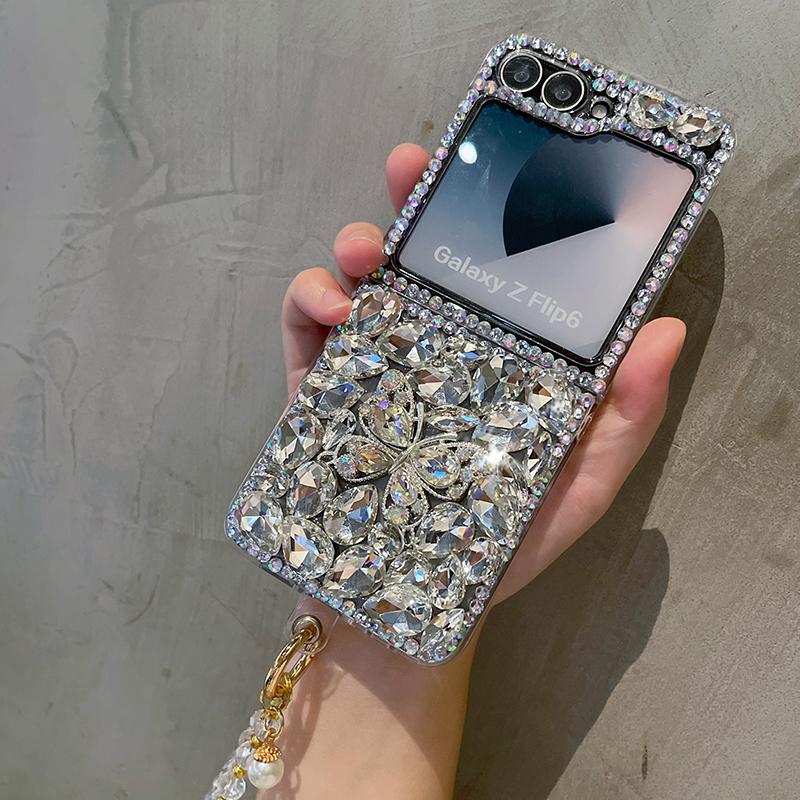 For Samsung Galaxy Z Flip 7 FE 6 5 4 3 5G Fashion Cute Rhinestone Butterfly Diamond Case Cover with Bling Crystal Hand Strap