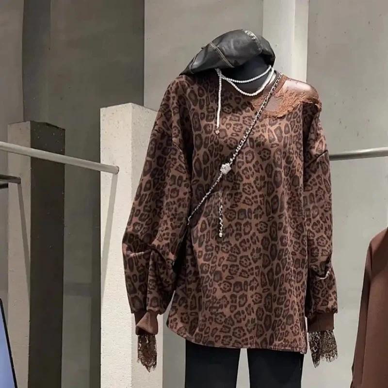 

Топи для жінок Сорочки з довгим рукавом Леопардовий принт Мереживо Оверсайз Повсякденна сорочка Вільна блуза Пуловери Топи XXXXL