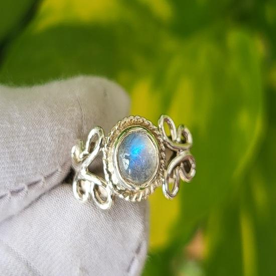 Natural Rainbow Moonstone Hand Made 925 Sterling Silver Ring Size  5.5 US A12