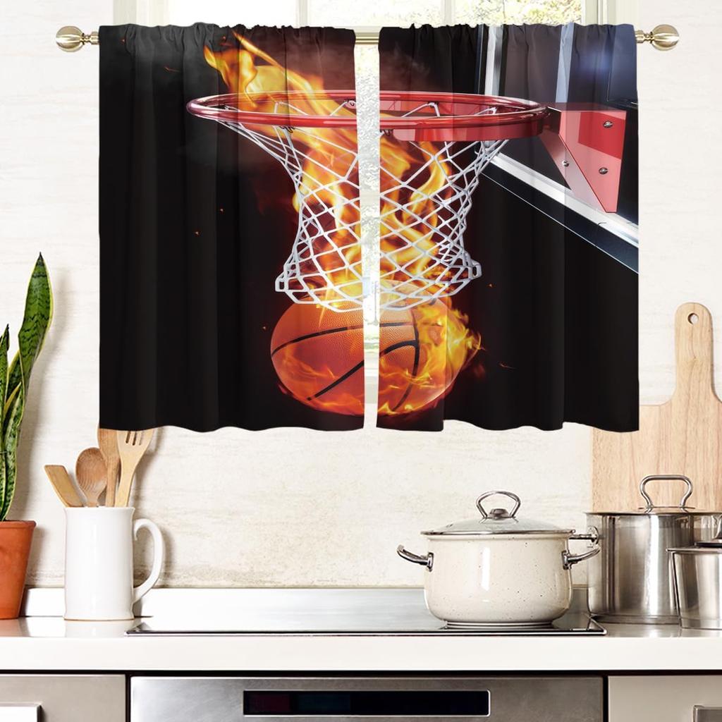 AAtter Basketball Window Curtains Boys Sports Mens Teen Black Kids Red Dark Orange Cool 3D Ball Flame Gamer Long Living Room