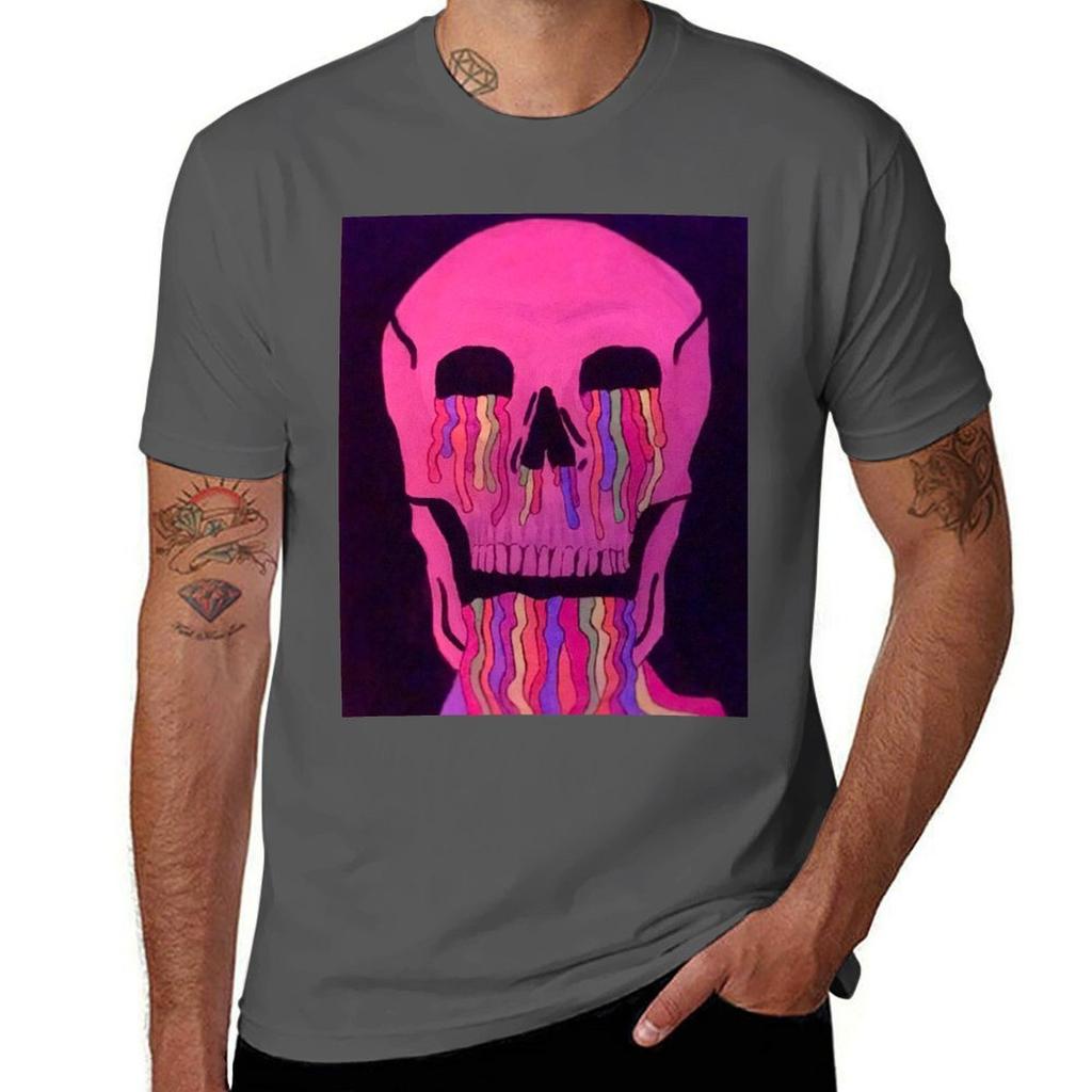 Pink Neon Melting Skull TShirt Durable Work Wear TShirt
