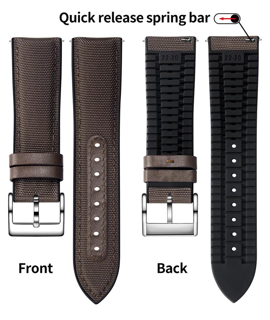 BINLUN Nylon Silicone Watch Quick Release Canvas and Rubber Hybrid Replacement Watch Band for Men and 9 Buckle Strap, 18mm, 19mm, 20mm, 21mm, 22mm,