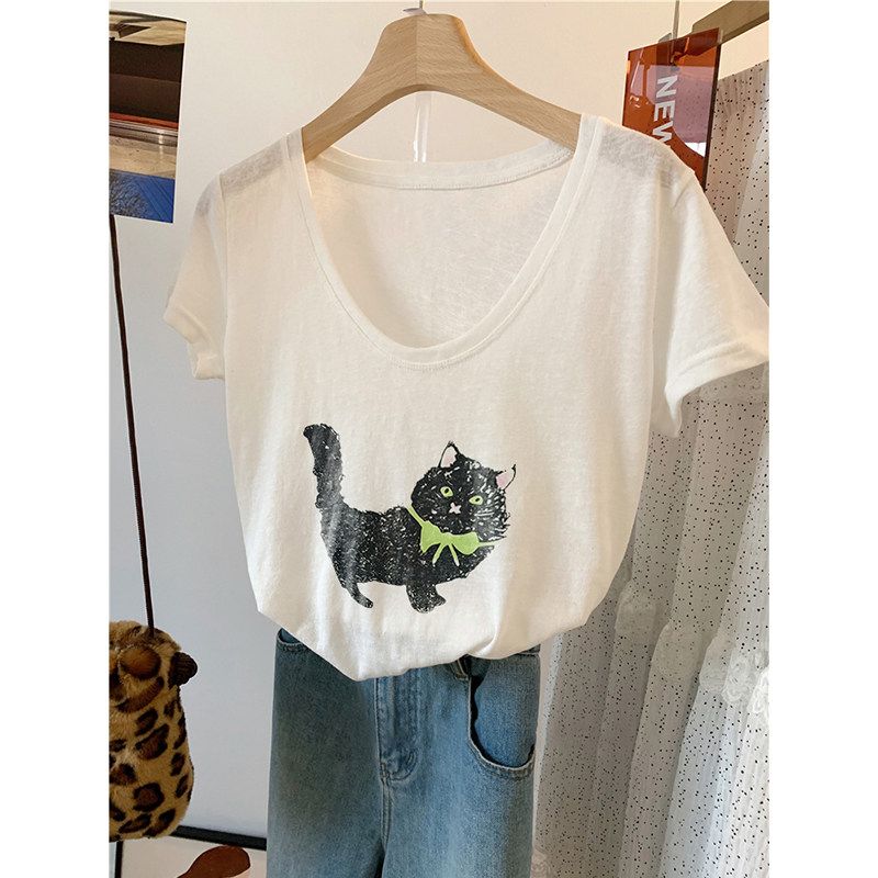 

Plus-Size Vintage Cat Print V-Neck Short-Sleeve T-Shirt for Women, Summer Breathable Lightweight Top White L