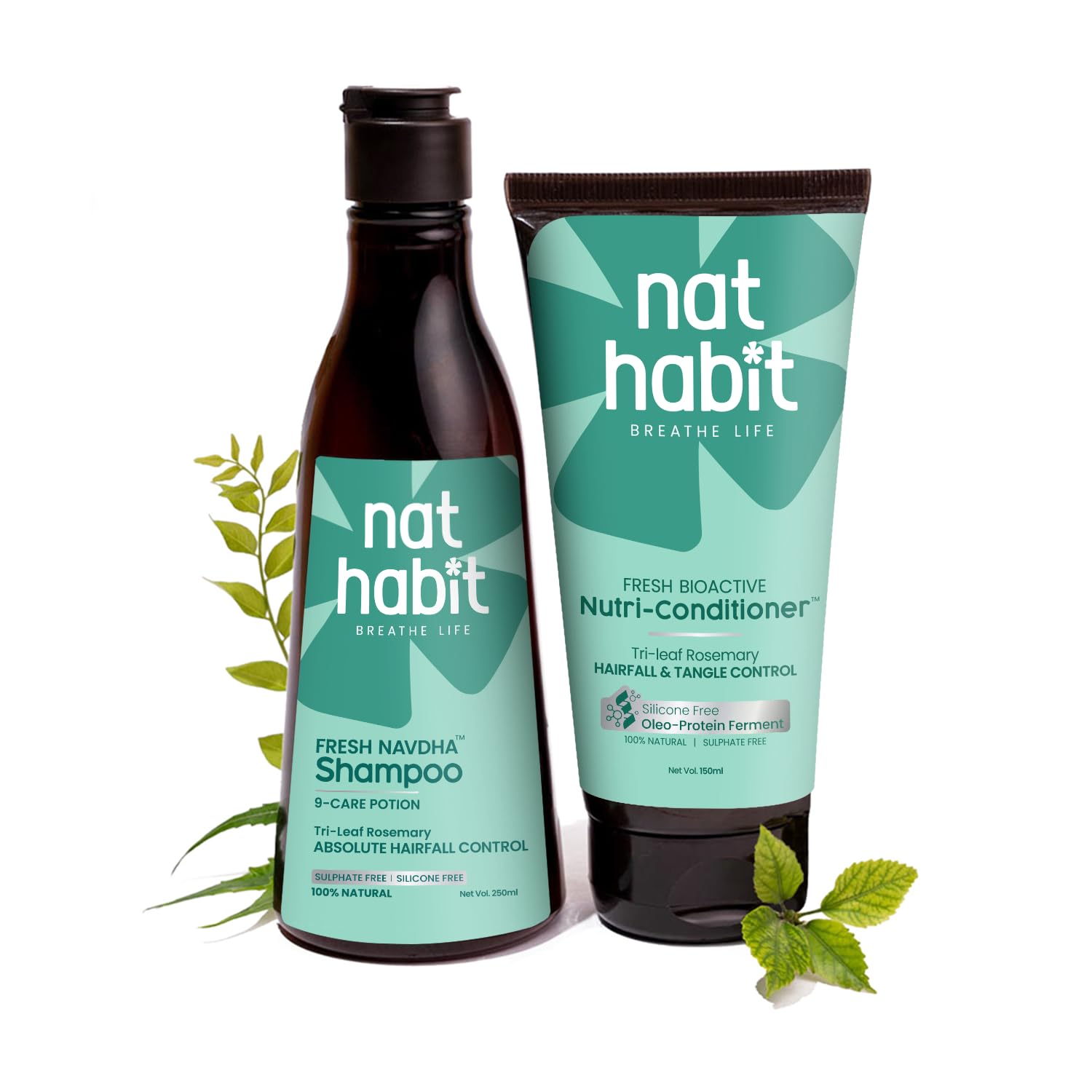 Nat Habit Trileaf Rosemary Shampoo & Conditioner Combo|Herbal Shampoo for Dry Frizzy & Damaged Hair, Hair Fall | Amla Reetha Shikakai| Sulphate Free
