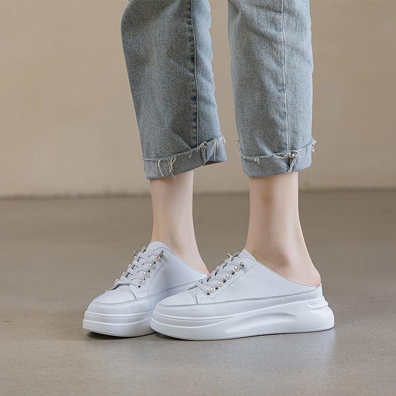 Leather Half-slippers, Women's Bag Head, Summer Heelless Little White Shoes, Lazy People Pedal Thick-soled Half-tray Shoes