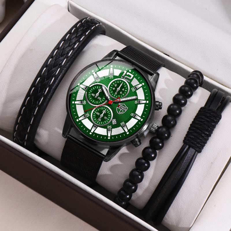 

DEYROS 5PCS набор модных мужских спортивных часов-браслетов для мужчин из нержавеющей стали кварцевые наручные часы классические мужские повседневные кожаные часы зелёный