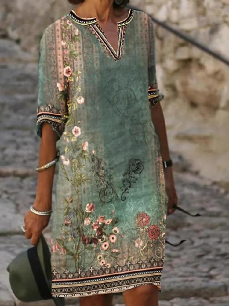 Women Spring Summer Fashion New Printed Ethnic Style V Neck Casual Dress