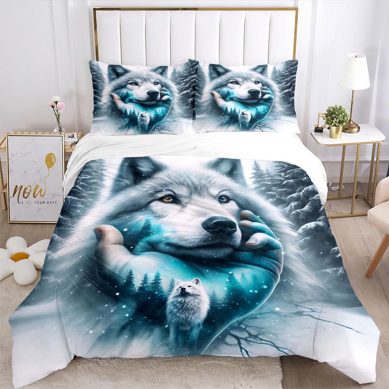 3pcs Wolf amidst Snowy Forests Bedding Set - 1 Soft Quilt Cover + 2 Pillowcases, Machine Washable - Suitable