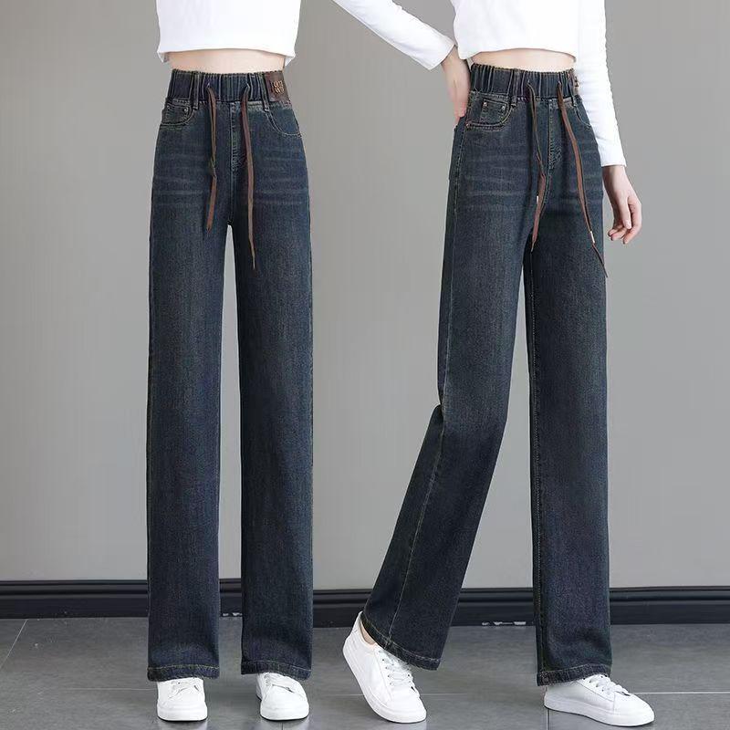 Velvet Elastic Waist Lambswool Jeans: Loose Winter High Waist, Stretch, Plus Size, Thickened Straight-Leg Pants (75-200)