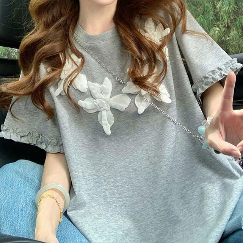 Chest 3D Flower Women's T-shirt Grey Round Neck Short Sleeved Ruffled Edge Tees Summer New Version Loose Casual Woman Top