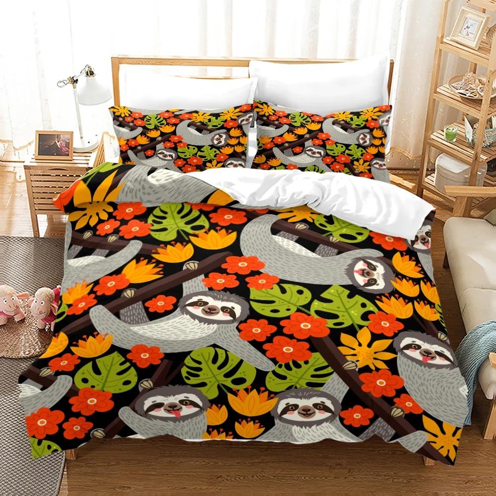Faultier Bettbezug-Set Baumbewohnendes Säugetier Schläft auf Ast im Wald Faule Stimmung Entspannendes Thema Dekorative Polyester-Bettwäscheset