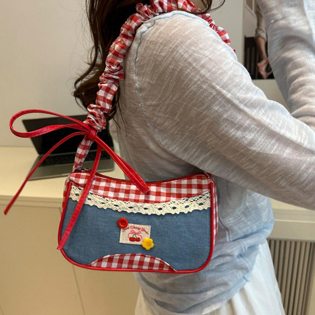 Woman Fashion Lattice Shoulder Bag Bow Denim Lovely Underarm Bag Pleated Drawstring Design Daily Commuting Handbag