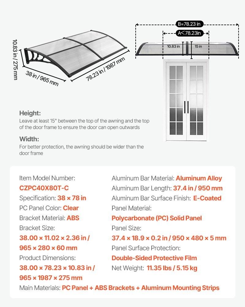 Awnings for Door Entrance, 38 X 78 In, Exterior Front Door Window Awnings with Drainage & ABS Bracket, Rain Snow Sun Protection, Overhang