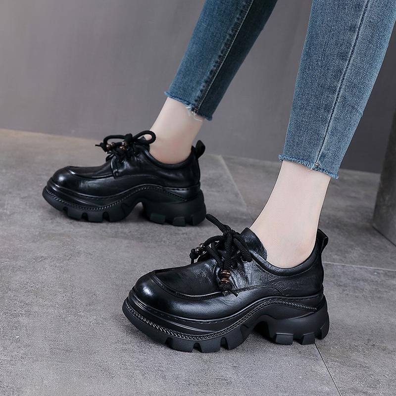 Women's Genuine Leather Thick Sole Retro Loafers - British Style, Height-Increasing Autumn Shoes