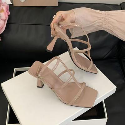 Sandale cu toc înalt pentru femei, sandale franțuzești cu toc înalt, sandale stiletto romane cu cap pătrat, primăvara 2025, cu bareta subțire