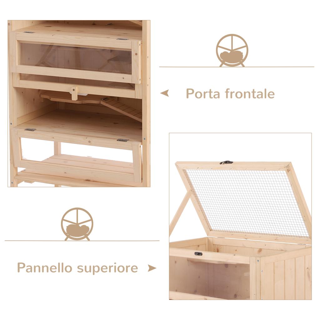 Solid Wood Hamster Cage with Opening Roof, 4 Connected Shelves and Ramps, 60 x 40 x 120 cm