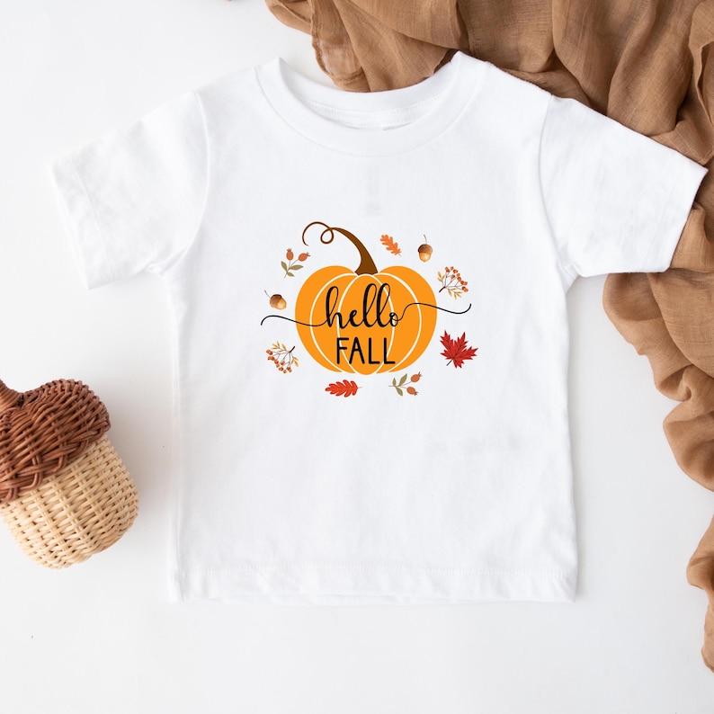 Hello Fall Kids T-shirt: Autumn Pumpkin Baby & Toddler Design, Holiday Season, Foliage Tee, Thanksgiving Shirt, Little Pumpkin Theme 100