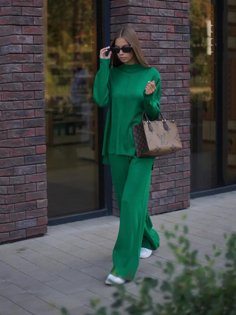 

European and American Semi-High Neck Knitted Sweater + Wide-Leg Pants Set for Women One Size зелений
