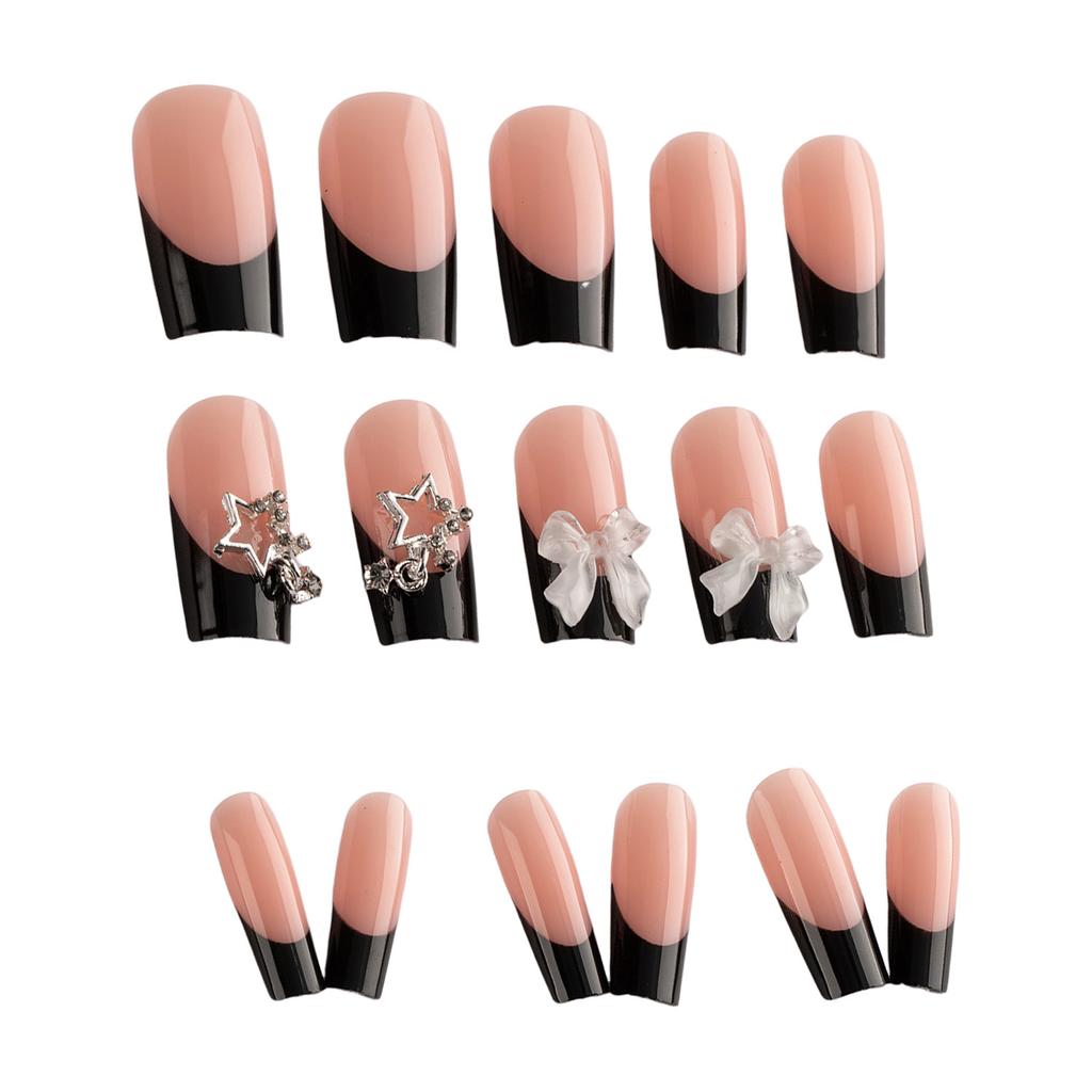Nude Resin Nail Extension with Black Tip Sweet & Charming Reusable False Nails for Hot Girl Dress Matching