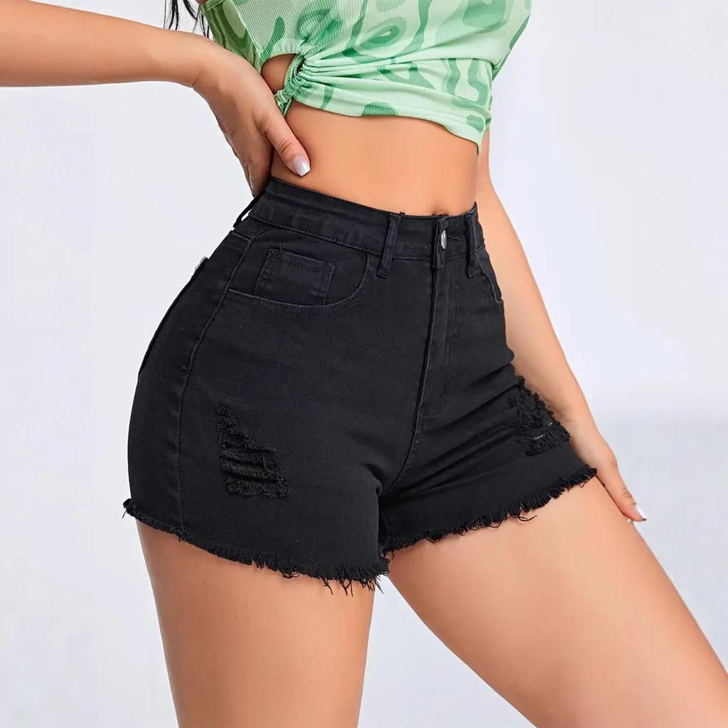 European-American Slim Fit Ripped Black Denim Shorts - Casual Low Waist Jeans