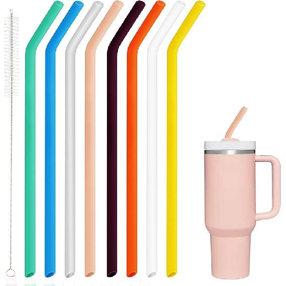 8 Pack Replacement Straws for Stanley Cup 40 Oz 30oz Tumbler, 12 Inch Long 0.4" Wide Reble Silicone Straw For Yeti/Simple Modern With 1 Cleaning
