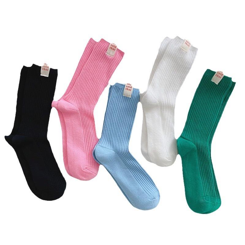 Internet Celebrity She Cloth Label Double Needle Socks Medium Socks Solid Color Stacked Socks