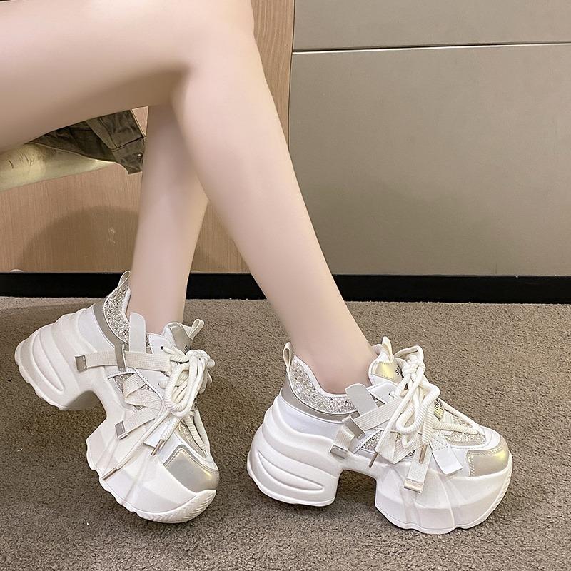 Fashion 2024 New Women Spring Chunky Sneakers Thick Bottom Leather Shoes High Platform Vulcanize Shoes Bling Casual Sports Dad Shoes 7CM