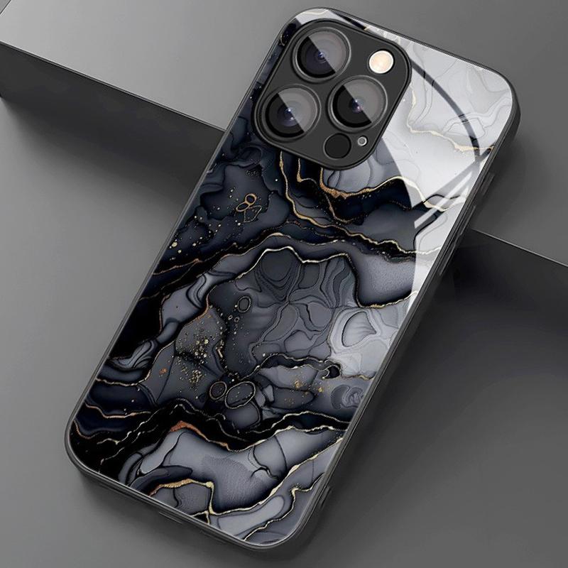 Case For iPhone 17 Pro Max 16 15 14 13 12 11 7 8 Plus 17Air 16E XR XS X Black Marble Gradient Pattern Tempered Glass Phone Cover