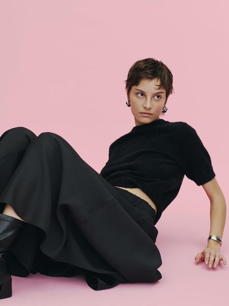 Mira Owen Glitter Puff Sleeve Knit and Flared Skirt Set 09WNO254159 Black Women's