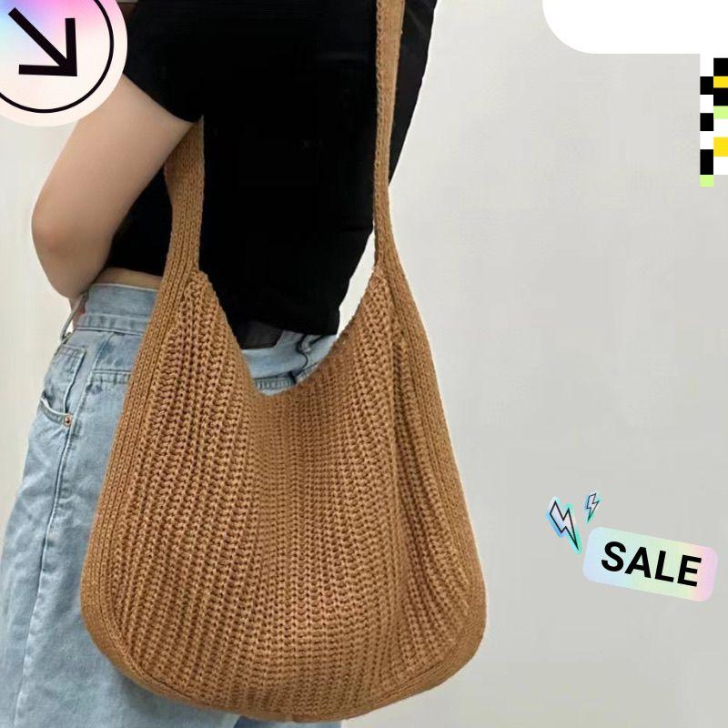 Knitted Shoulder Tote Bag for Women - Woven Commuter Casual Shopping Bag with Large Capacity