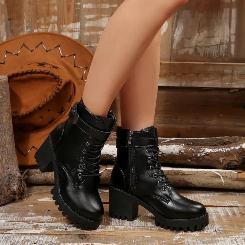 Fashion High Heel Boots Plus Fleece Block Heel Casual Academy Wind Platform Platform Plus Size Mid-Tube Boots for Women