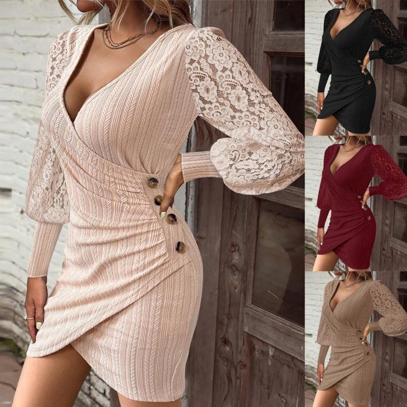 Autumn Solid Color V-neck Slim Fit Sexy Long Sleeved Tight Fitting Hip Hugging for Women Dresses