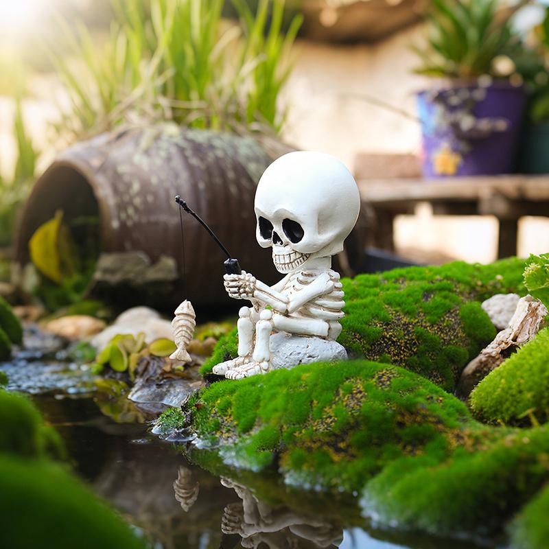 Fishing Skeleton Statue Halloween Decorations, Cute Sitting Skull Figurine Shelf Sitter Resin Sculpture For Outdoor Garden Yard