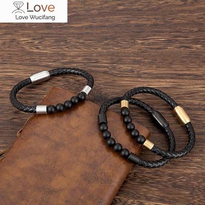 Perlen Männer Armband Naturstein Multilayer Leder Punk Schmuck Edelstahl Magnetverschluss Armreifen Geschenke Für Mann Großhandel
