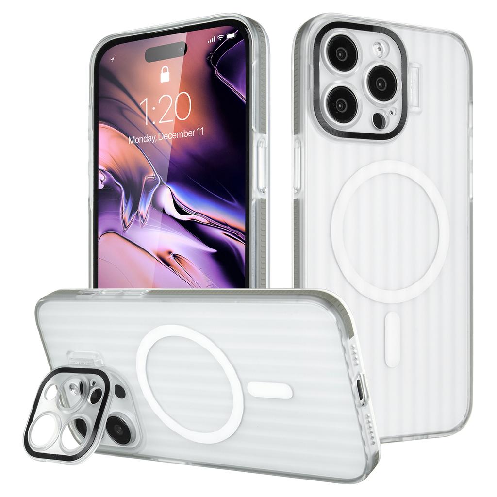 For iPhone 14 Pro Case with Kickstand PC+TPU Phone Cover Strip Pattern Back Compatible with MagSafe