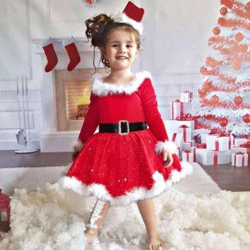 Santa Suit Christmas Santa Clauses Costume for Kids Girls Santa Costume Outfits Bow Headband + Glitter Tutu Dress
