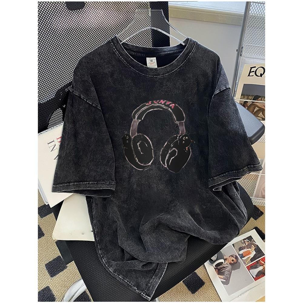Washed Summer Men's Cotton T Shirt Comfortable Skin Friendly Fabric Fashionable Earphone Pattern Printing
