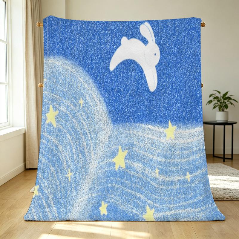 Thick Warm Flannel Blanket - Moon Star Rabbit Pattern, Soft Cozy for Home, Couch, Bedroom, Guest Room, Christmas & Halloween